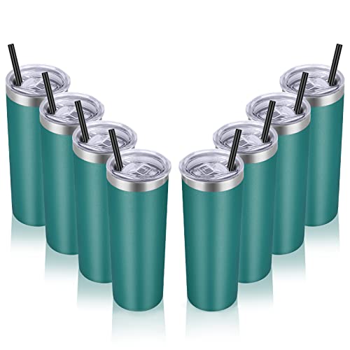 VEGOND Stainless Steel Tumblers Bulk 8 Pack, 20 oz Vacuum Insulated Skinny Tumblers with Lid and Straw, Double Wall Coffee Mug, Travel Water Cup, Dark Green