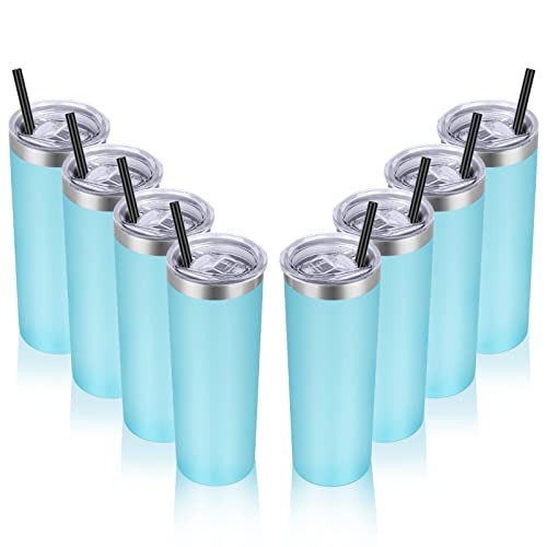 VEGOND Stainless Steel Tumblers Bulk 8 Pack, 20 oz Vacuum Insulated Skinny Tumblers with Lid and Straw, Double Wall Coffee Mug, Travel Water Cup, Blue