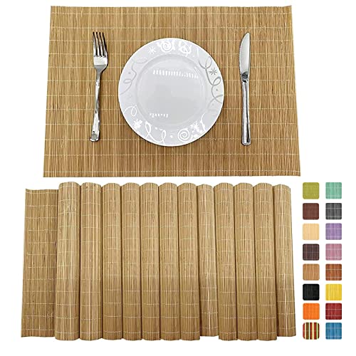 ANDSTAR Bamboo Placemats Set of 6 Non-Slip - 12x18 Inch Waterproof Table Mats for Dining, Eco-Friendly Reusable Dishwasher Safe Kitchen Decor, Thick Heat Resistant Home Accessories (Brown)