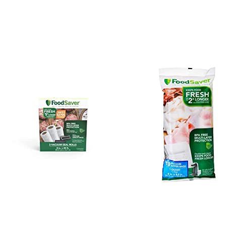 FoodSaver Vacuum Sealer Bags, Rolls for Custom Fit Airtight Food Storage and Sous Vide, 8" x 20' (Pack of 3) & FoodSaver 1-Quart BPA-Free Multilayer Construction Vacuum Zipper Bags, 18 Count