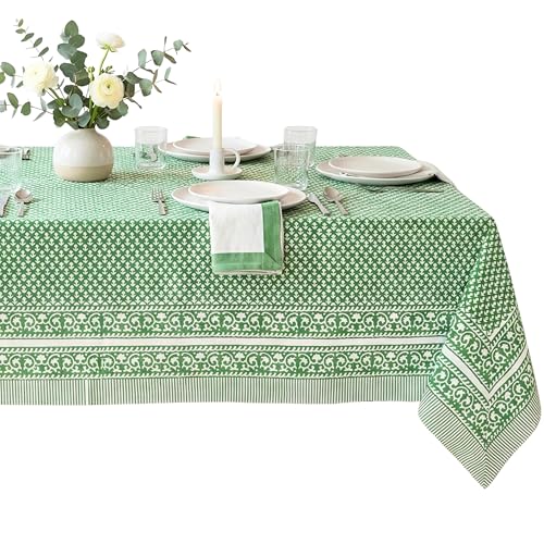 ATOSII Queen Green 100% Cotton Tablecloth, Handblock Print Rectangle Table Cover for Kitchen Dining I Tabletop Linen I Parties, Thanksgiving, Christmas, Wedding, Fall Table Cloth 60 X 90 Inches