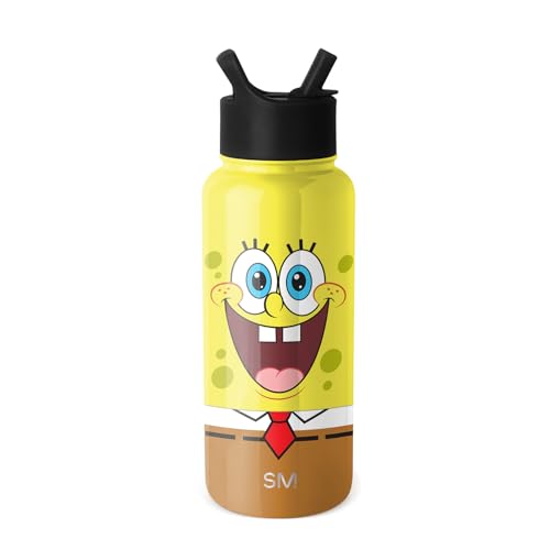 Simple Modern SpongeBob Water Bottle with Straw Lid Vacuum Insulated Stainless Steel Metal Thermos | Gifts for Women Men Reusable Leak Proof Flask | Summit Collection | 32oz SpongeBob: Smile