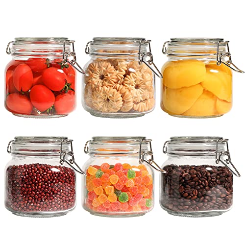 ComSaf 25oz Airtight Glass Canisters with Lids Set of 6, Square Food Storage Jar Container with Clamp Lids for Kitchen Canning Cereal Coffee Pasta Sugar Beans Spice, Clear Mason Jars with 12 Labels