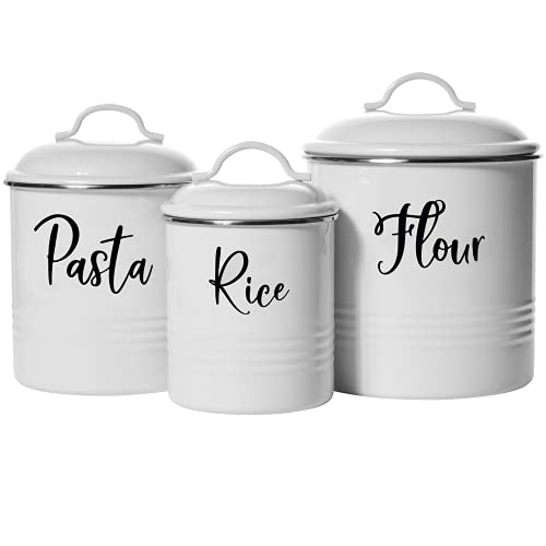 Home Acre Designs Farmhouse Food Jars Canisters Set Storage Container for Kitchen Decor, Rustic Metal Countertop Canisters with Airtight Lids for Flour, Pasta, Rice - White