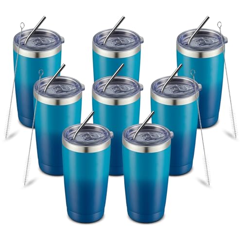 COMOOO 20oz Tumbler with Straw Stainless Steel Insulated Coffee Tumbler Cups Double Wall Vacuum Travel Coffee Mug with Splash Proof Sliding Lid for Hot Cold Drinks (Dark Night, 8 Pack)