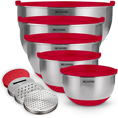Belwares Mixing Bowls with Lids Set - Nesting Bowls with Airtight Lids + Graters - Stainless Steel Non-Slip Mixing Bowl for Baking, Food Storage and Prepping (Red, 5-Piece Set)