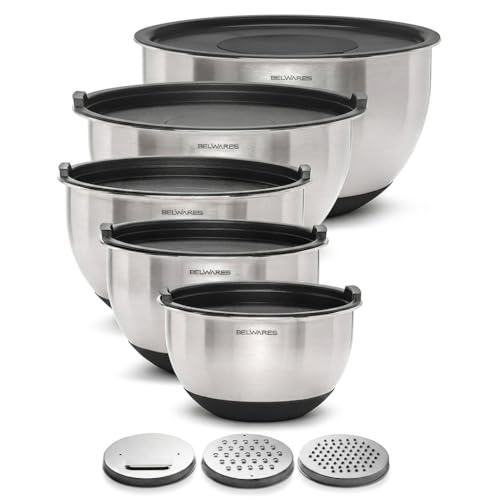 Mixing Bowls with Airtight Lids - 8PCS Stainless Steel Nesting Mixing Bowls Set with 3 Grater Attachments & Non-Slip Bottoms, Kitchen Bowls, Sizes 5, 4, 3.5, 2, 1.5QT for Baking & Food Prep (Black)
