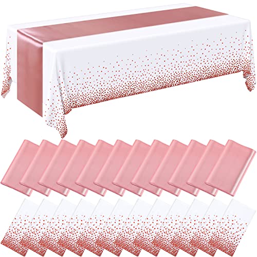 Breling 24 Packs White and Rose Gold Disposable Plastic Tablecloths and Satin Table Runner Set, 54 x 108 Inch Tablecloth, 12 x 108 Inch Table Runners for Wedding Graduation Birthday Baby Shower
