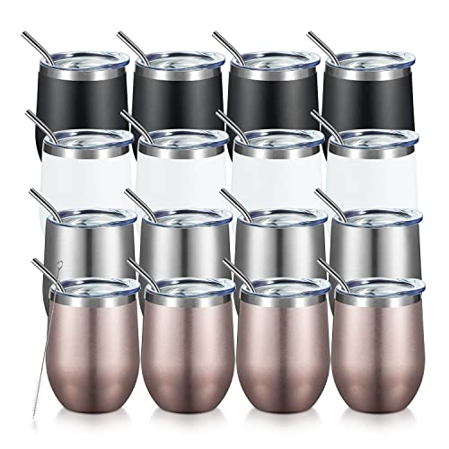 COMOOO Stainless Steel Wine Tumbler with Lid and Straw 12oz Double Wall Vacuum Insulated Travel Tumbler Cup for Coffee, Wine, Cocktails, Champagne (Black White Silver and Rose Gold, 16 Pack)