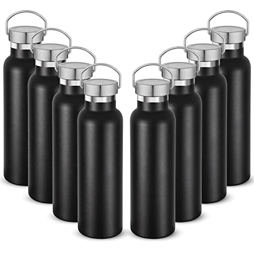 Neihepal 20 oz Insulated Water Bottles Bulk 8 Pack,Stainless Steel Double Wall Sport Bottle with Lid of Handle,Metal Reusable Flask with Cup Cap for School,Hikers,Gift (Black,Set of 8)