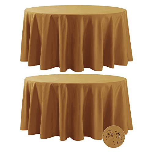 Fokitut 2 Pack Waterproof Round Tablecloth, 120 Inch, Stain Resistant and Wrinkle Polyester Table Cloth, Fabric Table Cover for Kitchen Dining, Wedding, Party, Holiday Dinner-Gold