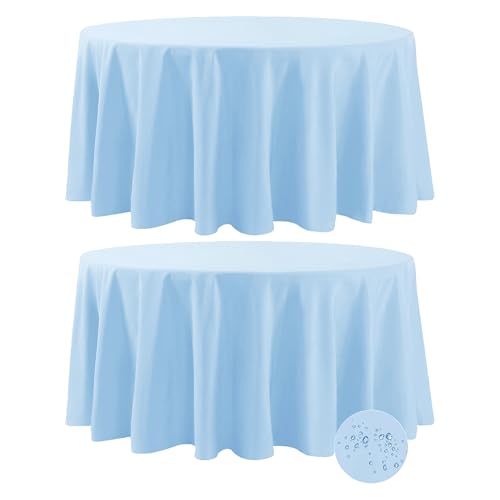 Fokitut 2 Pack Waterproof Round Tablecloth, 132 Inch, Stain Resistant and Wrinkle Polyester Table Cloth, Fabric Table Cover for Kitchen Dining, Wedding, Party, Holiday Dinner-Blue Mist
