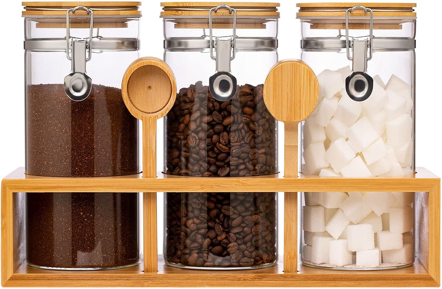 Yangbaga Glass Coffee Sugar Containers with Shelf, 3 x 45 OZ