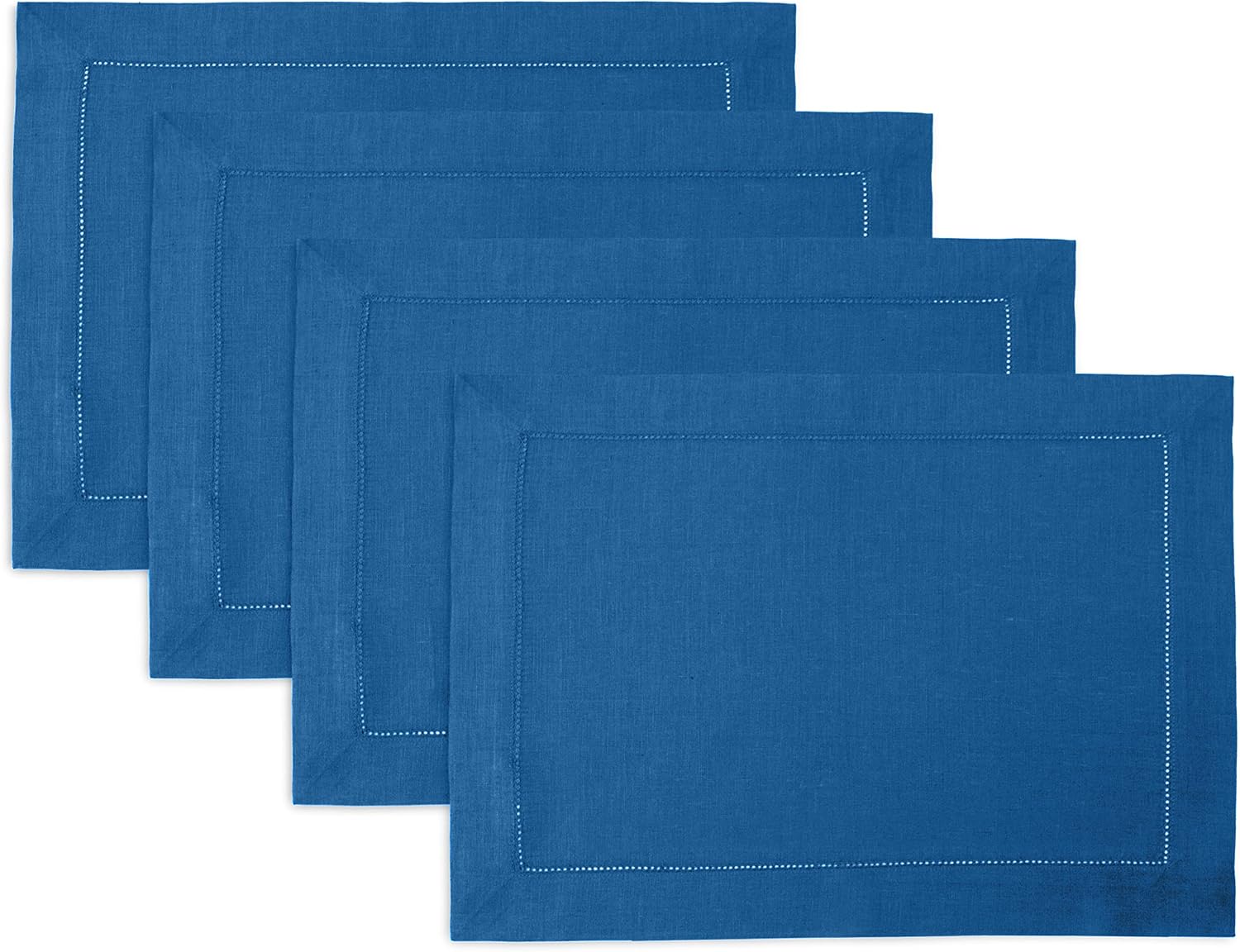 Solino Home Linen Placemats Set of 4 - Classic Hemstitch Indigo Blue