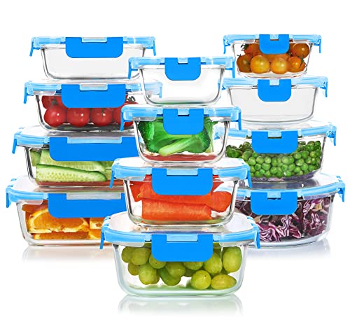 KOMUEE 24 Pieces Glass Food Storage Containers Set,Glass Meal Prep Containers-Stackable Airtight Glass Storage Containers with lids,Freezer, Microwave, Oven Safe,Blue