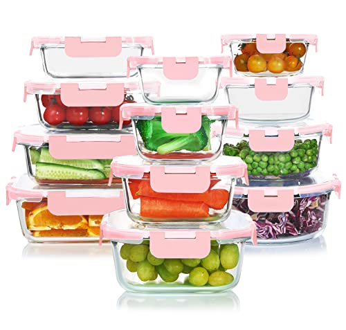 KOMUEE 24 Pieces Glass Food Storage Containers Set, Meal Prep Containers-Stackable Airtight Glass Storage Containers with lids,Freezer, Microwave, Oven Safe,Pink