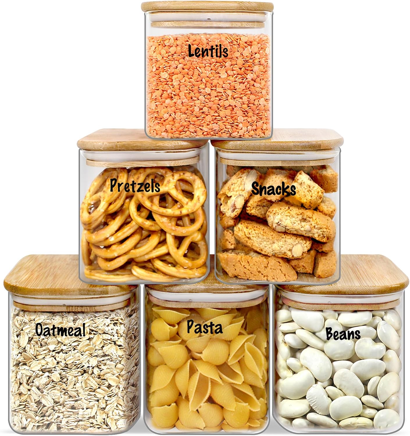 Urban Green Glass Jars with Airtight Lids, Airtight Glass Canisters with Locking Lids, (Bamboo-6P-24oz)