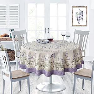 Home Bargains Plus Provence Blanchard Field of Lilacs Bordered Print Country French Fabric Tablecloth, Indoor Outdoor, Stain and Water Resistant, 70 Round