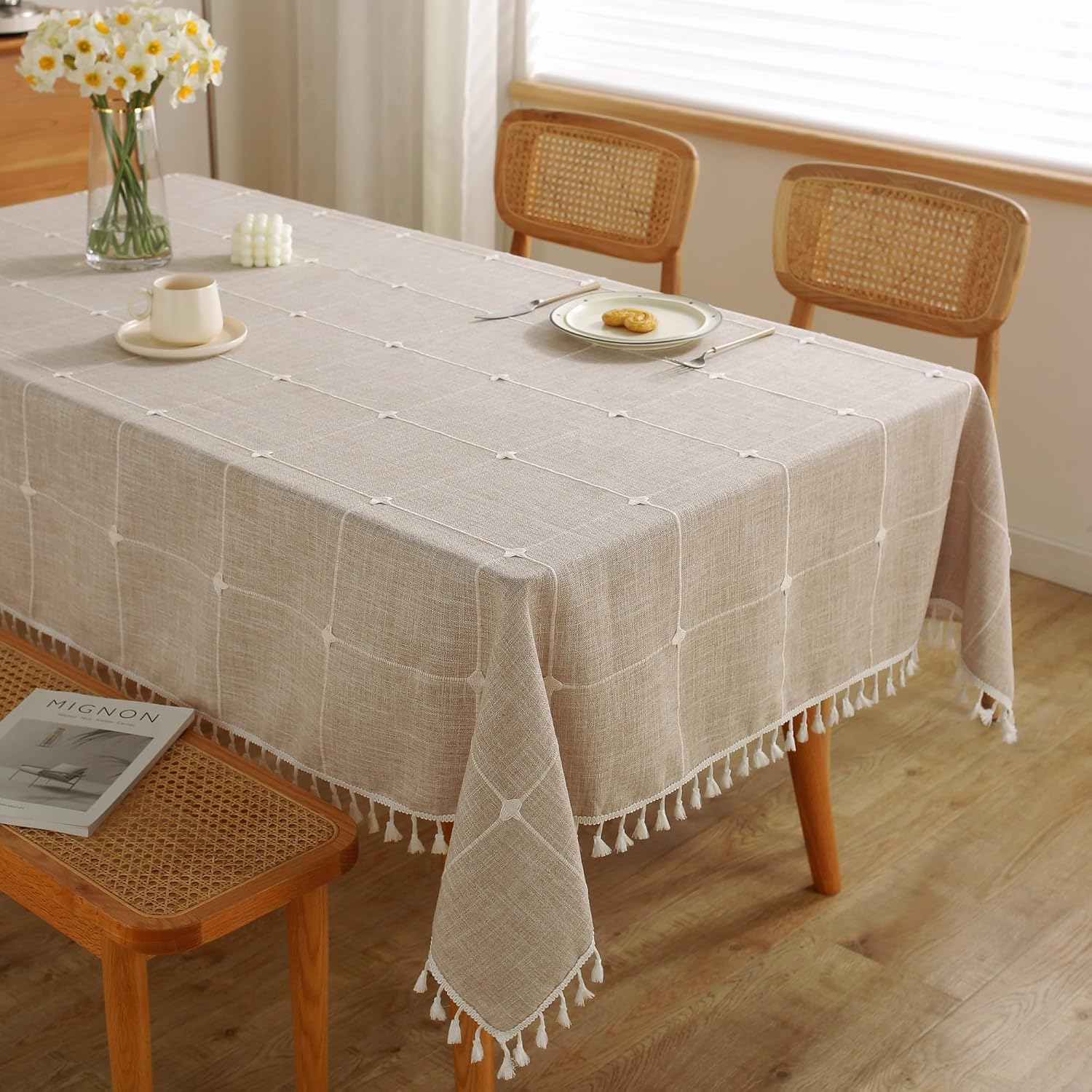 JIALE Tablecloths for Rectangle Tables,Cotton Linen Table Cloth Waterproof Tablecloth Wrinkle Free Farmhouse Dining Tables Cover,Soft Fabric Table Cloths with Tassels, Plaid, 55" X 102",8-10 Seats