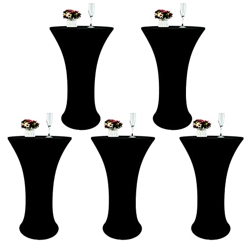 5 Pack Spandex Round 24'' Tablecloths for Cocktail, Banquet, Outdoor Party, Wedding, Bar, Restaurant - Black, Reusable, Easy Care