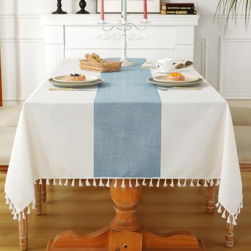 Laolitou Tablecloth for Dining Table Rustic Farmhouse Kitchen Tables Cloth Coffee Table Cover, Cotton Linen Fabric Small Rectangle Tablecloths, Beige, Blue Stripe, 55x102 Inch