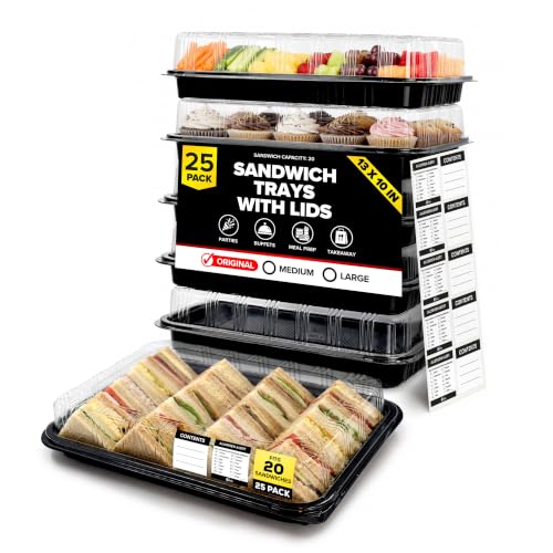 25 Pack Catering Trays with Lids  13" Serving Tray with Lid, Heavy Duty Recyclable Plastic Party Platters for Catering, Buffet, Picnics & Events  Food Trays with Clear Lid (13.39  9.84  2.95 inch)