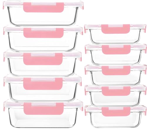 M MCIRCO [10-Pack Meal Prep Containers with Snap Locking Lids, Glass Airtight Lunch, Food Storage Containers, Microwave, Oven, Freezer and Dishwasher Friendly, Pink