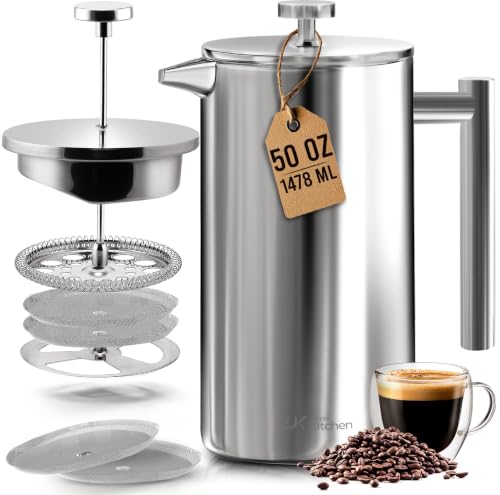 Utopia Kitchen Stainless Steel French Press Coffee Maker 50 Oz, French Press Tea Maker, Cold Brew Portable Travel Coffee Presses, Tea Press Gifts Silver