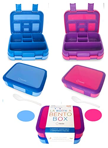 kinsho Bento Lunch Box for Kids Toddlers Boys Girls, 5 Portion Sections Secure Lid, Microwave Safe BPA Free Removable Tray, Pre-School Kid Daycare Lunches Snack Container, Blue & Pink Purple 2 pack