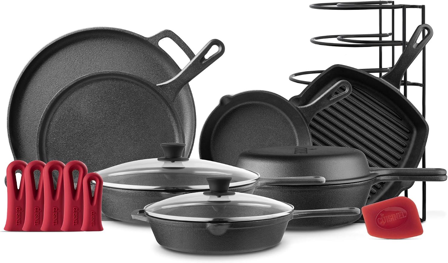 Cuisinel Cast Iron Cookware Set - Complete Pre-Seasoned Kit - 8" Skillet & 10" + 12" Skillets with Glass Lid + Grill Pan + Multi-Cooker/Dutch Oven + Flat Griddle + Pizza Pan + Organizer Rack - 2024