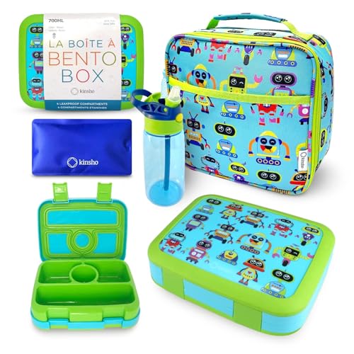 kinsho Bento Lunch Box and Insulated Bag, Water Bottle & Ice Pack Set for Kids Toddlers, 4 Portion Sections, Removable Tray, PreSchool Kid Toddler Daycare Lunches, Snack Container, Robot