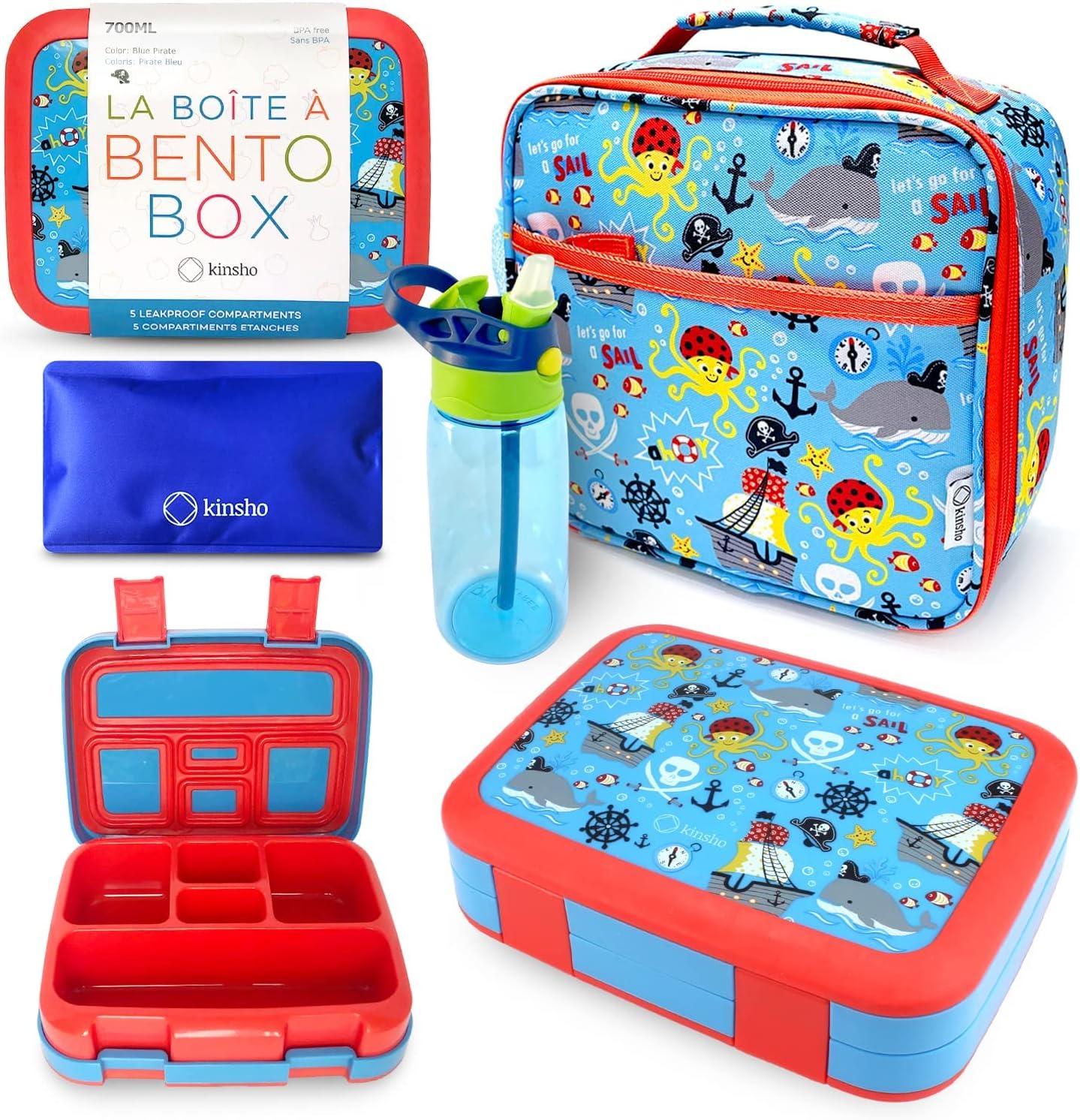 Bento Box with Insulated Lunch Bag, Ice Pack & Water Bottle Set for Kids - 5 Compartments Removable Tray Lunches or Snack Container Boys Toddlers Daycare Pre-School, Blue Pirates