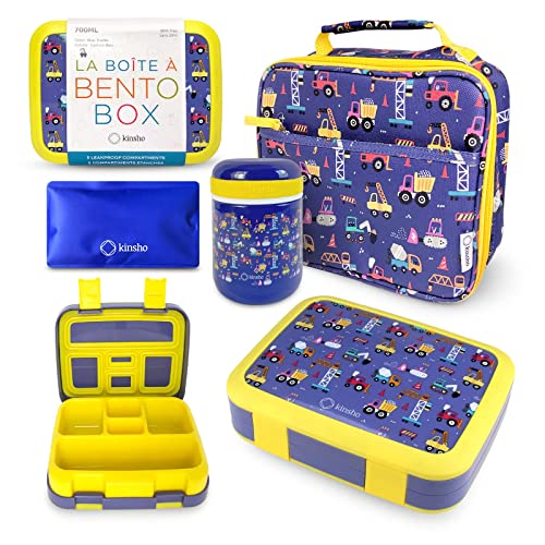 Bento Box with Thermo, Insulated Lunch Bag, & Ice Pack Set for Kids or Toddlers. Stainless Steel Food Jar, 5 Compartment Lunch-Box for Pre-School or Daycare, Blue Yellow Trucks