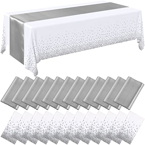 Breling 24 Packs White and Silver Disposable Plastic Tablecloths and Satin Table Runner Set, 54 x 108 Inch Tablecloth, 12 x 108 Inch Table Runners for Wedding Graduation Birthday Baby Shower