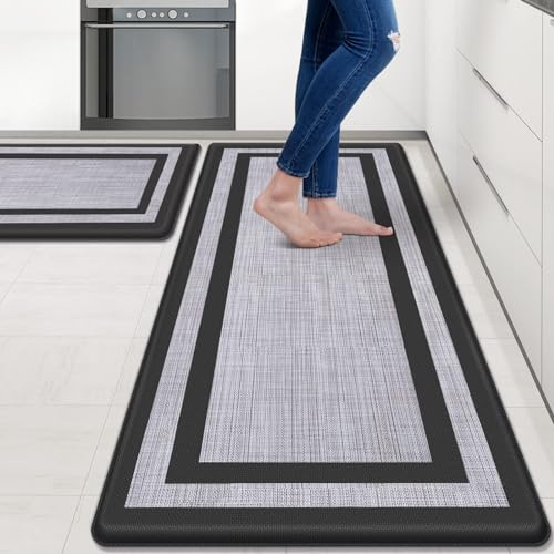 Mattitude Kitchen Mats Set of 2 Cushioned 0.47 inch Kitchen Rugs Non-Skid Rug Sets Ergonomic Comfort Standing Mat for Kitchen, Floor, Office, Sink, Laundry, Black and Gray