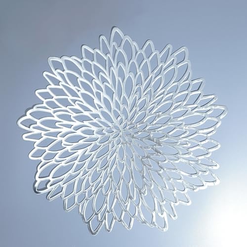Snowkingdom 18 Pack Silver Placemats Metallic Glitter Vinyl Dinning Table Mats, Decorative Round Leaf Charger Bulk for Winter Thanksgiving Christmas Party Holiday