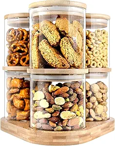 Glass Jars with Bamboo Lids with Bamboo Tray, Glass Food Jars and Canisters Sets (6 of 16oz with Bamboo Tray), Glass Food Storage Containers with Lids, Glass Canisters with Bamboo Lids, Glass Food Jars with Airtight Lids, Glass Pantry Food Storage & Organization