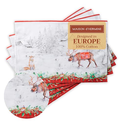 Maison d' Hermine Placemats Set of 4 100% Cotton Washable Cloth Place Mats, Reusable Table Mats for Kitchen Dining Decoration, Party, Wedding, Restaurant (Christmas Tradition, 13" x 19")