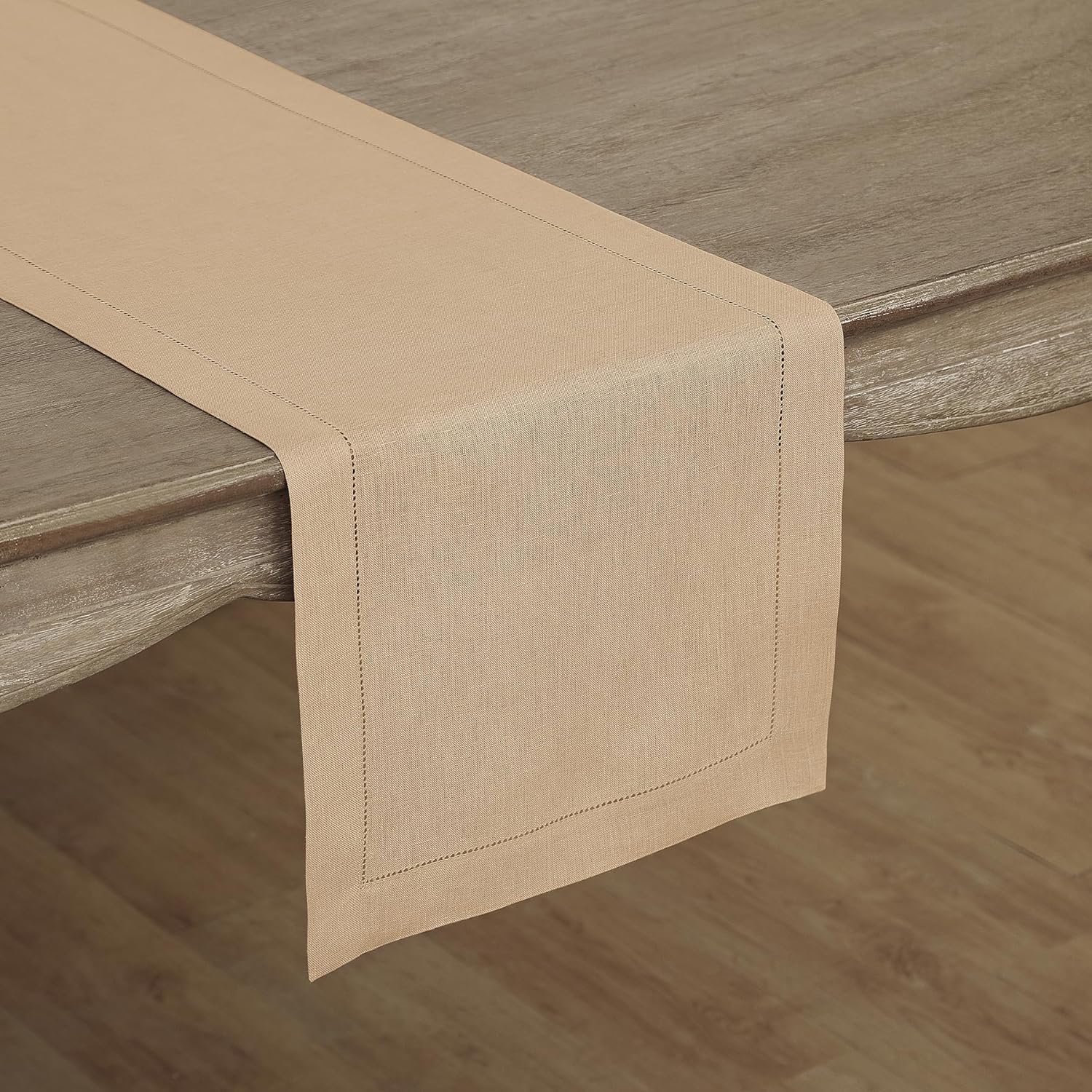 Solino Home Linen Beige Table Runner 72 Inches Long - 100% Pure Linen Hemstitch Table Runner 14 x 72 Inch for Dresser, Dining, Fall, Autumn, Halloween, Thanksgiving, Christmas - Classic Hemstitch