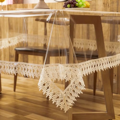 Clear Plastic Table Cover Protector Transparent PVC Vinyl with Lace for Dining Room Tablecloth Waterproof Oil Proof Table Protector for Indoor Outdoor Holidays Party Decor, 60''x104''