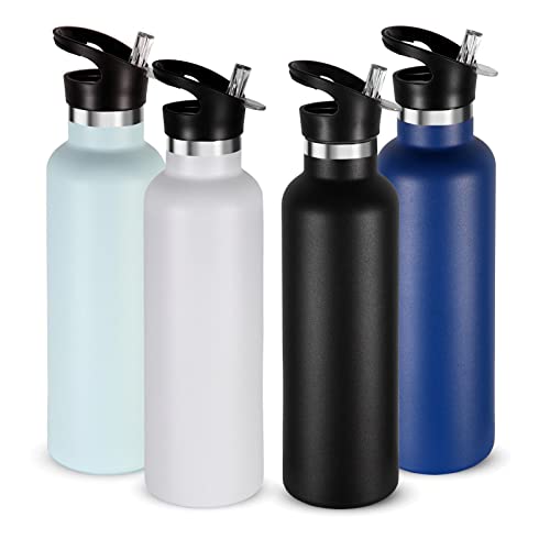 Neihepal 24oz Insulated Water Bottles Bulk 4 Pack,Stainless Steel Double Wall Sport Bottle with Straw Lid,Metal Cup Reusable Thermoses with Cap for School,Cyclists,Hikers,Gift (Mix Color,4 Count)