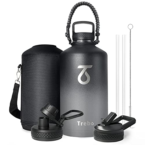 Trebo One Gallon Water Bottle Insulated with Paracord Handle,128oz Stainless Steel Sports Large Jug Food-grade Double Wall Vacuum with Straw Spout Handle Lids, Leakproof Keep Cold & Hot, Dark Gray