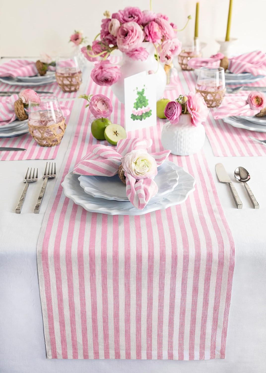 Solino Home Striped Linen Table Runner 60 Inches - Amalfi Stripe, 100% Pure Linen Cherry Blossom and White Small Table Runner 14 x 60 Inch Ideal for Dresser and Coffee Tables