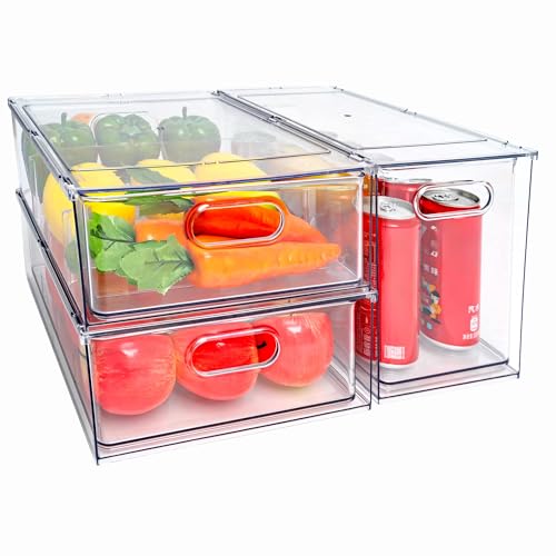 MineSign Stackable Fridge Drawer Pull-Out Bins with Handles 3 Pack Large Clear Food Container with Removable Dividers Refrigerator Storage box Divided Produce Saver for Pantry Kitchen