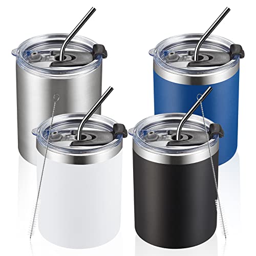 MEWAY 12 oz Lowball, Tumbler Stainless Steel Double Wall Vacuum Insulated Mug with Straw and Lid, Cleaning Brush ,Durable Powder Coated Insulated Coffee Cup for Cold & Hot Drinks (MIX,4 pack)