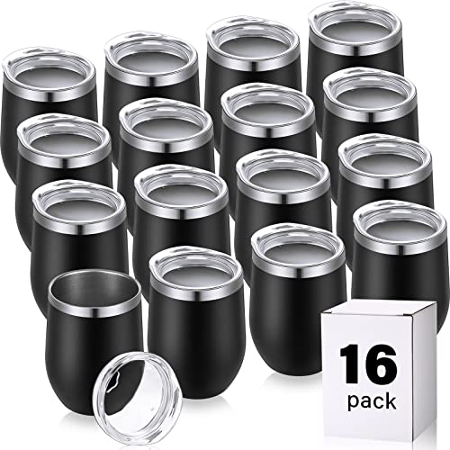 16 Pack Stainless Steel Wine Tumblers 12 oz Insulated Vacuum Wine Cup Set Double Wall Stainless Steel Stemless Mug Glasses for Coffee Soda Whiskey Outdoor Travel (Black)