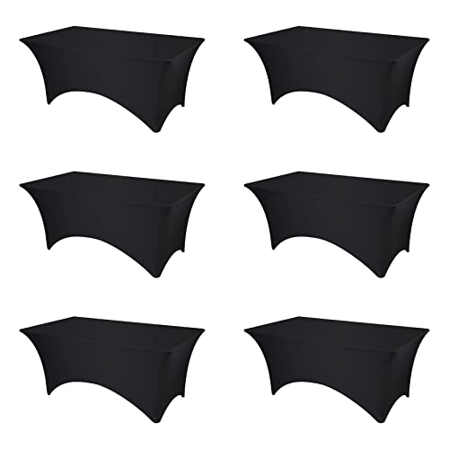 BRILLMAX 6 Pack Black Fitted Spandex Table Covers - 6ft Stretch Tablecloths for 6 Foot Rectangle Folding Cloths Rectangular Bulk Linen Fabric Elastic for Wedding Reception Banquet Birthday Party