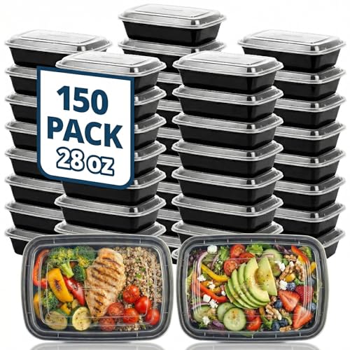 TIYA Food Containers - 28 oz Bulk 150 Pack with Lids - Rectangular Plastic To-Go Containers - Reusable, Microwavable, Dishwasher Safe - Leak-Proof for Meal Prep - BPA-Free