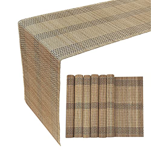 ANDSTAR 6 Pcs Natural Bamboo Placemat with Matching 1 Piece 12 x 72 Inch Table Runner Heat Resistant Oil-Proof Non-Slip Waterproof Easy to Clean Place Mats and Table Runner(Brown) ...