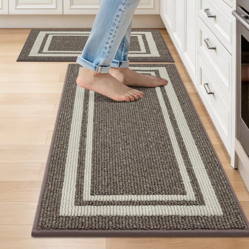 COSY HOMEER Kitchen Rugs Non-Slip 20x30/20x48 Inch Thick Polypropylene Standing Mat for Home Machine Washable, Brown Frame